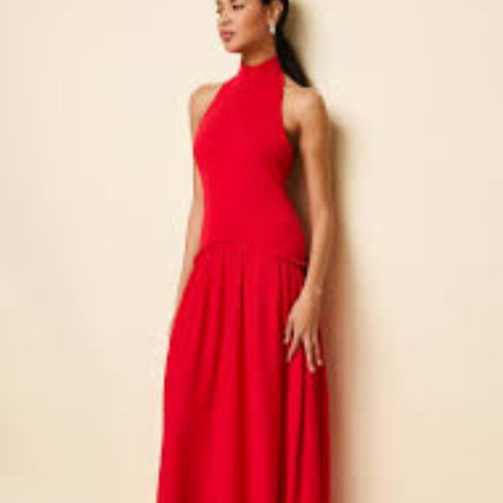 SOLID & STRIPED RED SOGILO HALTER DRESS 
 XS S